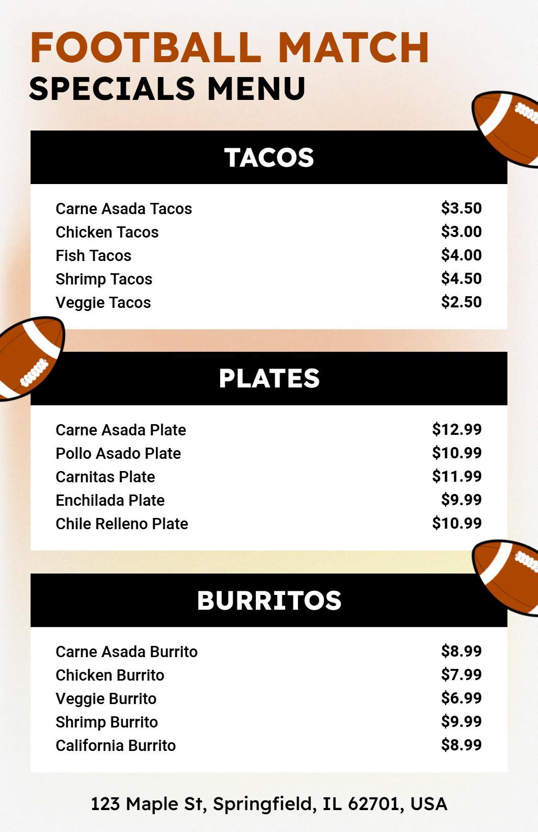 Dynamic Football Match Day Special Menu Template