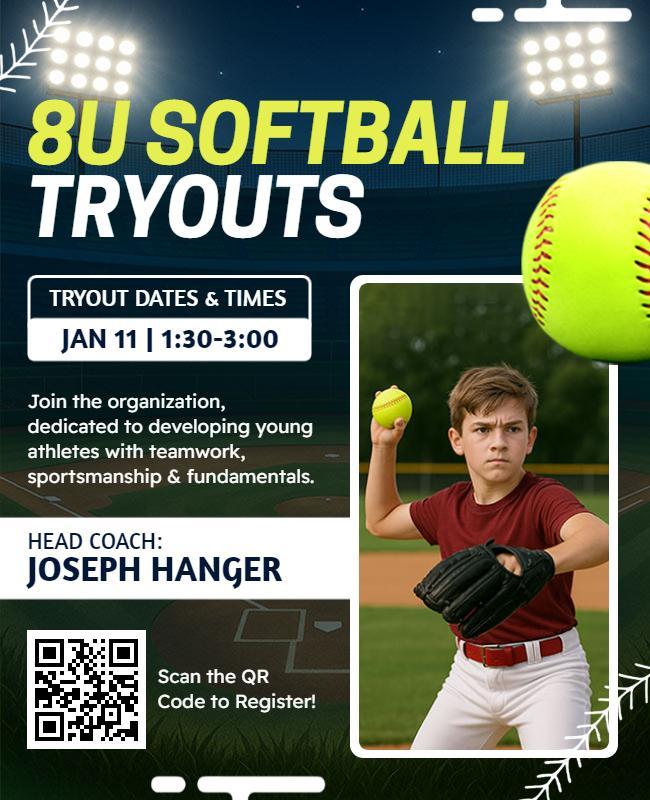 Dynamic Green 8U Softball Tryouts Registration Flyer Template