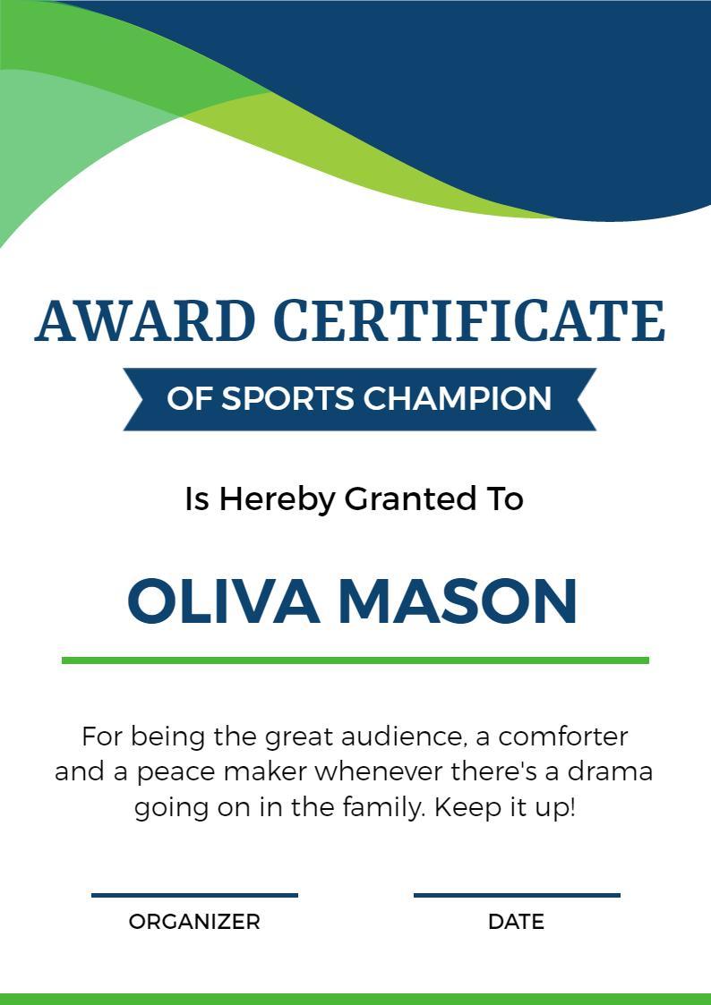 Dynamic Green and Blue Sports Champion Award Certificate Template