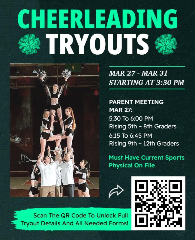 Dynamic Green Cheerleading Tryouts Event Flyer Template