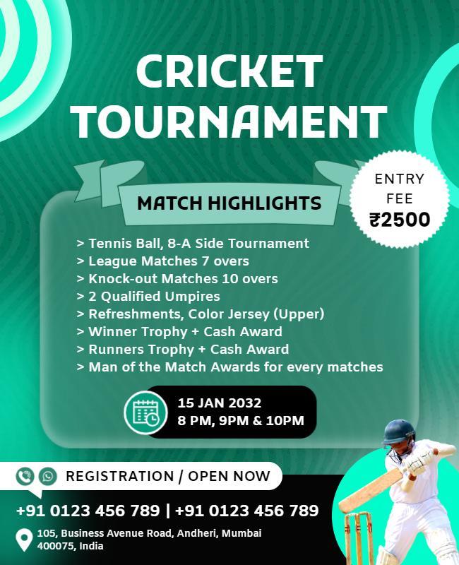 Dynamic Green Cricket Tournament Match Highlights Poster Template