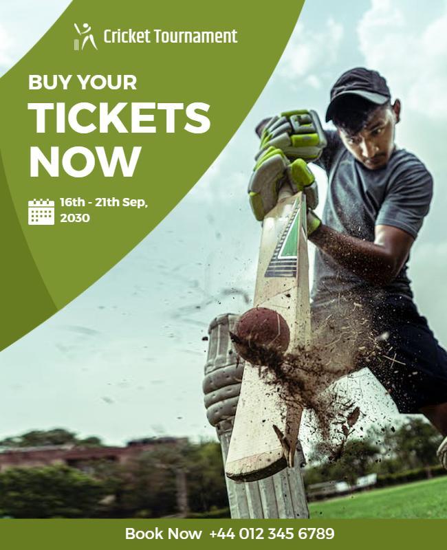 Dynamic Green Cricket Tournament Ticket Sales Poster Template