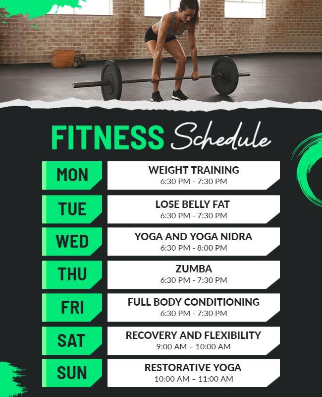 Dynamic Green Fitness Class Weekly Timetable Flyer Template