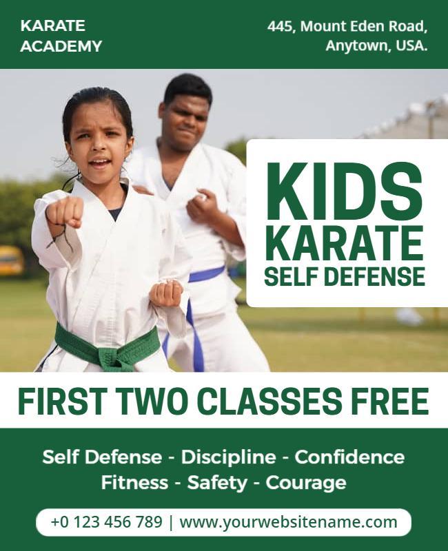 Dynamic Green Kids Karate Self Defense Classes Poster Template