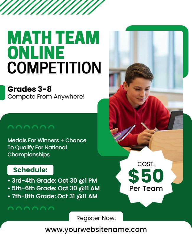 Dynamic Green Math Competition for Grades 3-8 Flyer Template
