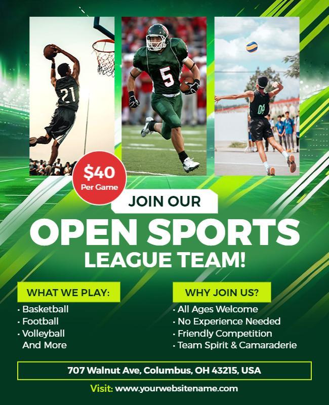 Dynamic Green Open Sports League Recruitment Poster Template