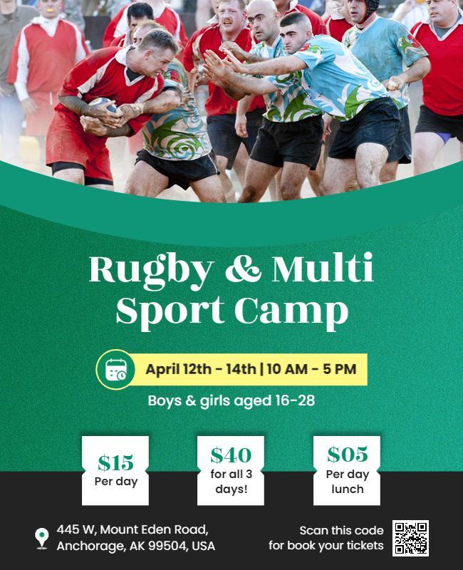 Dynamic Green Rugby and Multi Sport Camp Event Poster Template