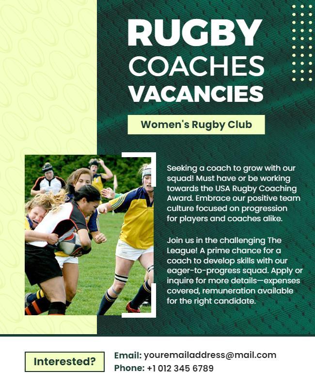 Dynamic Green Rugby Coaching Vacancies Recruitment Poster Template