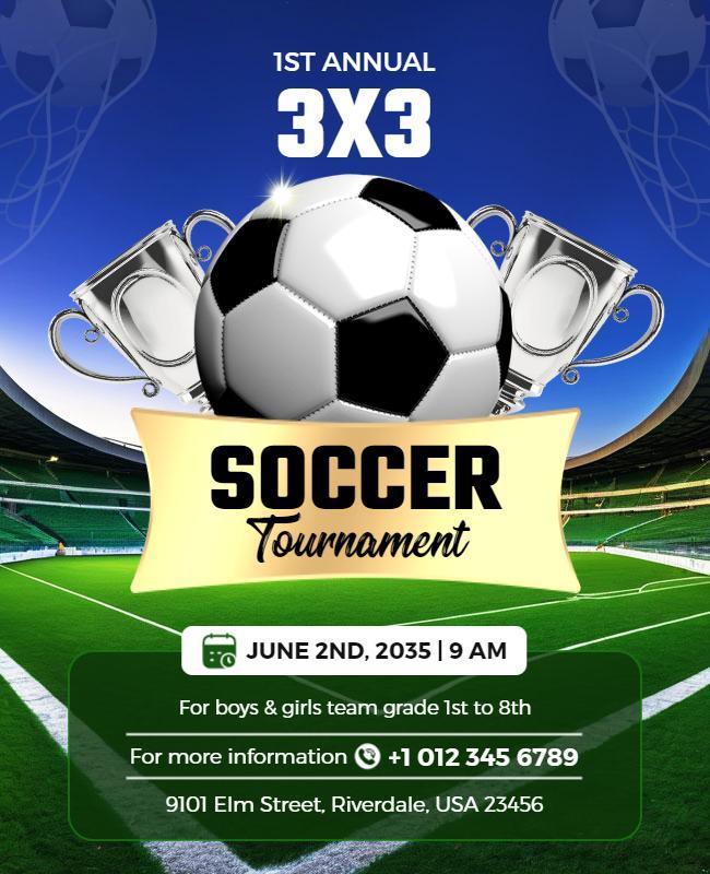 Dynamic Green Soccer Tournament with Trophies Poster Template