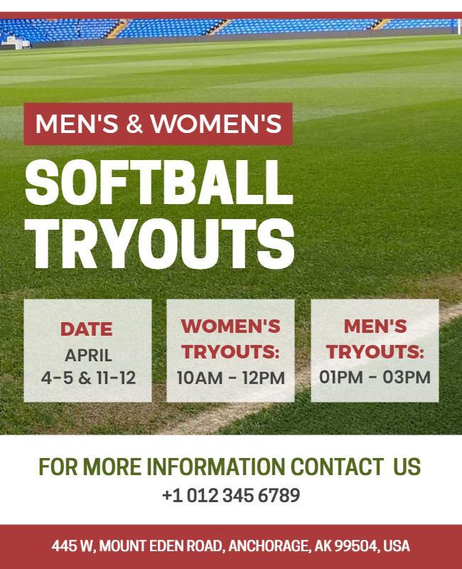 Dynamic Green Softball Tryouts Promotional Poster Template