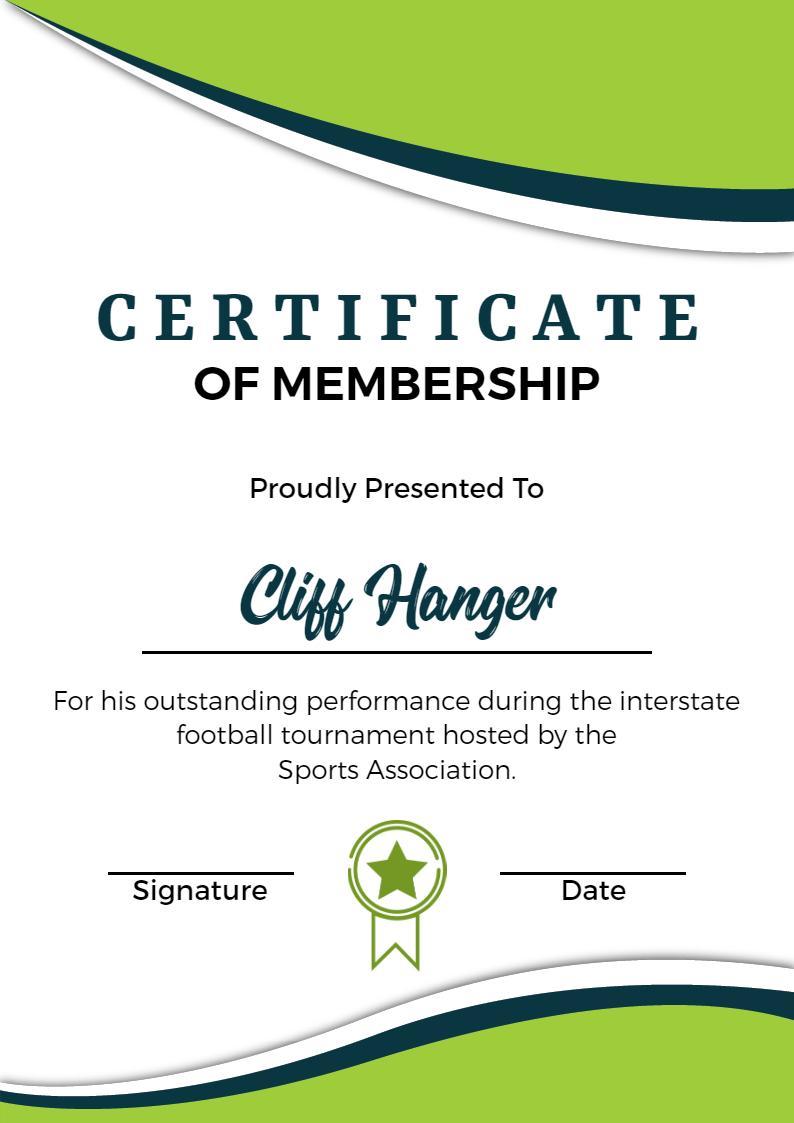 Dynamic Green Sports Association Membership Certificate Template