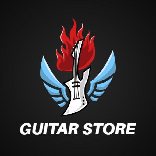 Dynamic Guitar with Flames and Wings Representing Music Store Logo Template