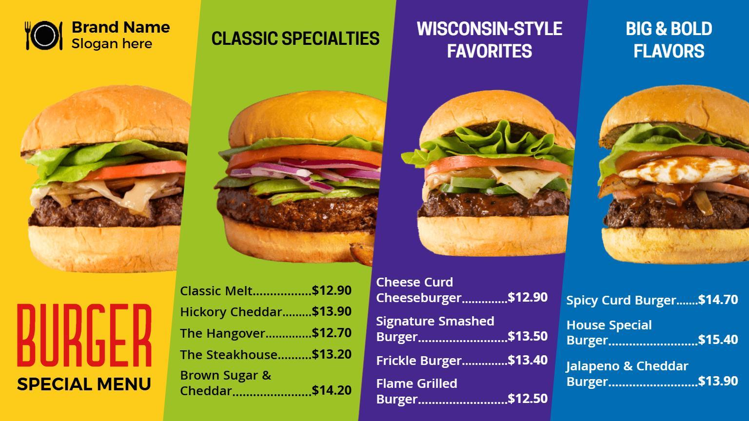 Dynamic Multicolor Specialty Burger Menu Template