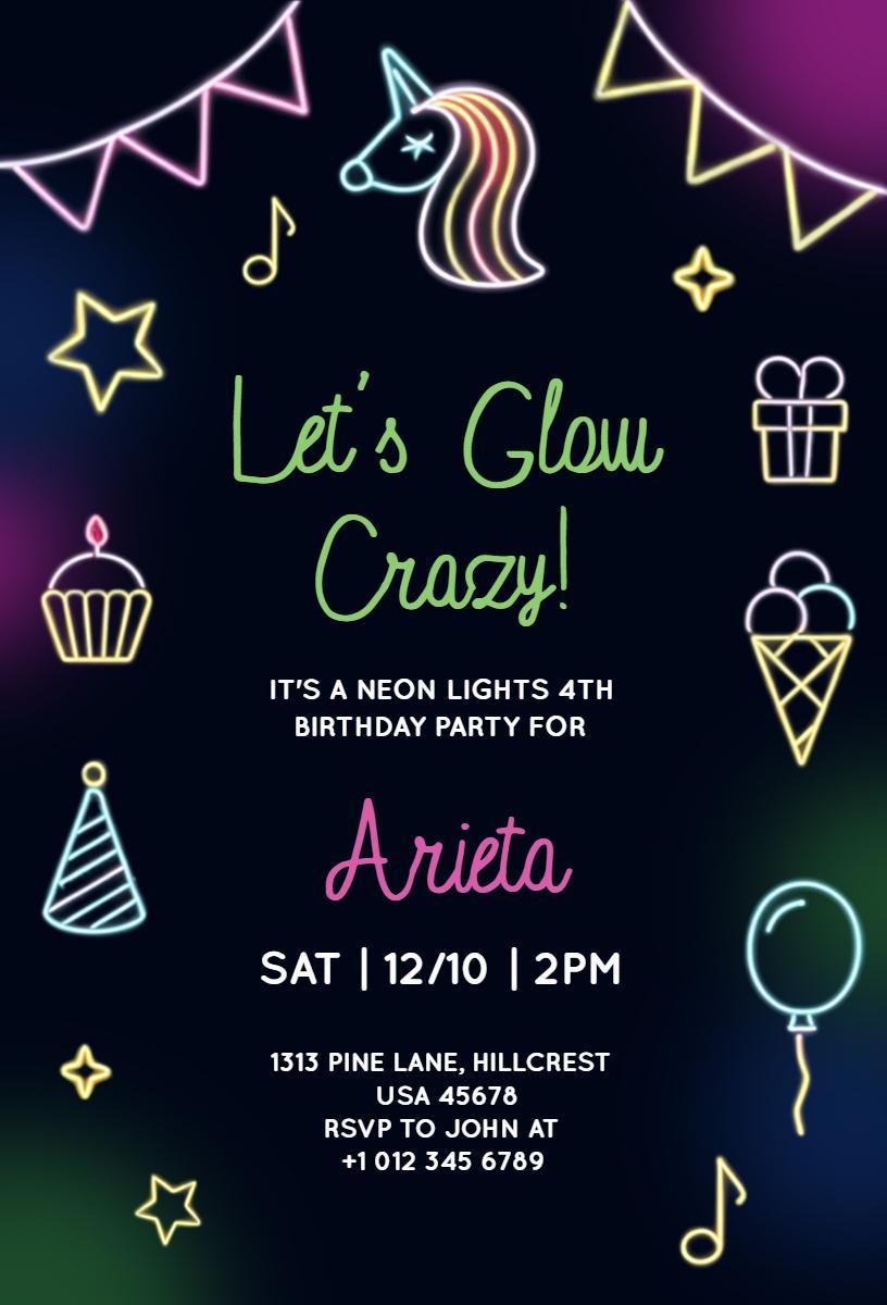Dynamic Neon Lights 4th Birthday Celebration Invitation Template