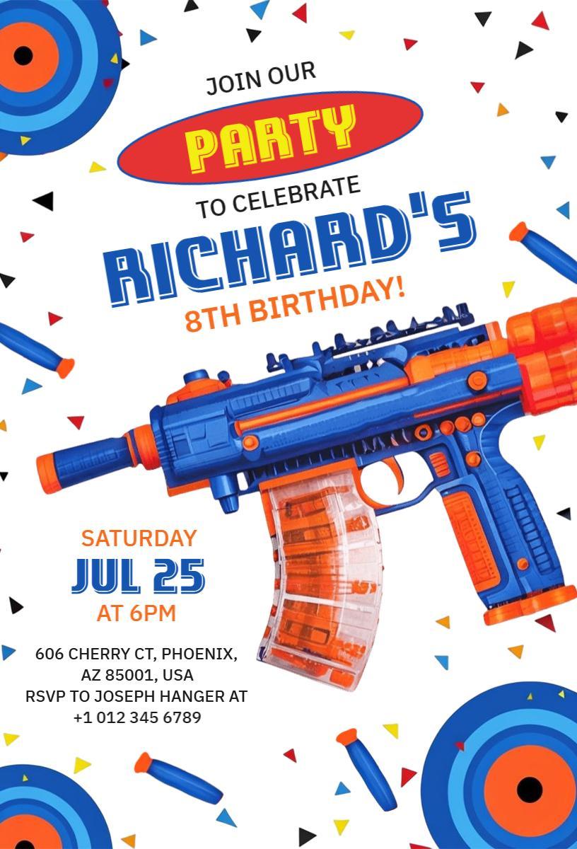 Dynamic Nerf Blaster Themed Birthday Celebration Invitation Template