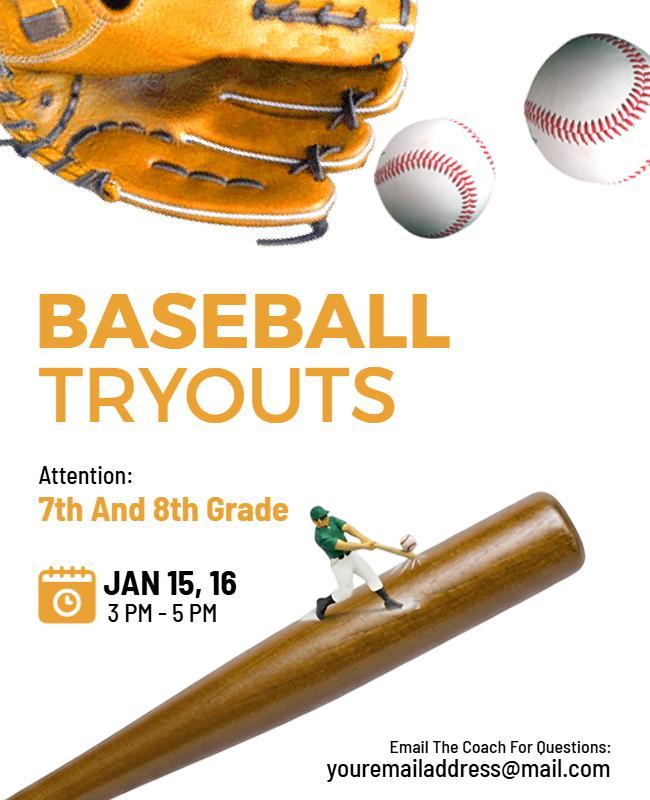 Dynamic Orange Baseball Tryouts for Youth Players Flyer Template