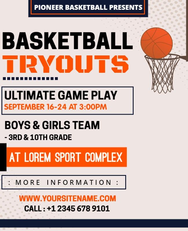 Dynamic Orange Basketball Tryouts Information Poster Template