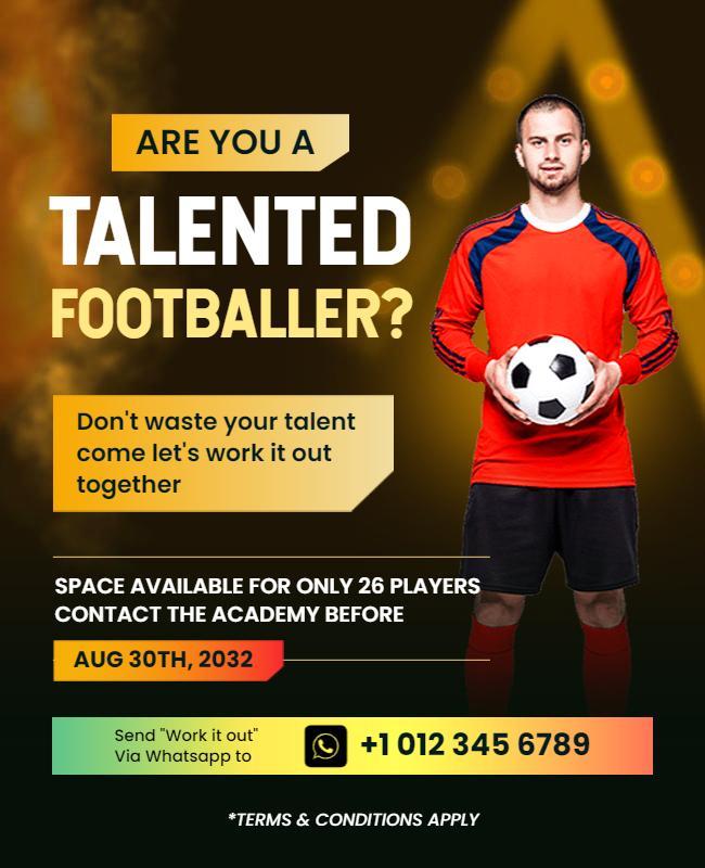 Dynamic Orange Football Talent Academy Enrollment Poster Template