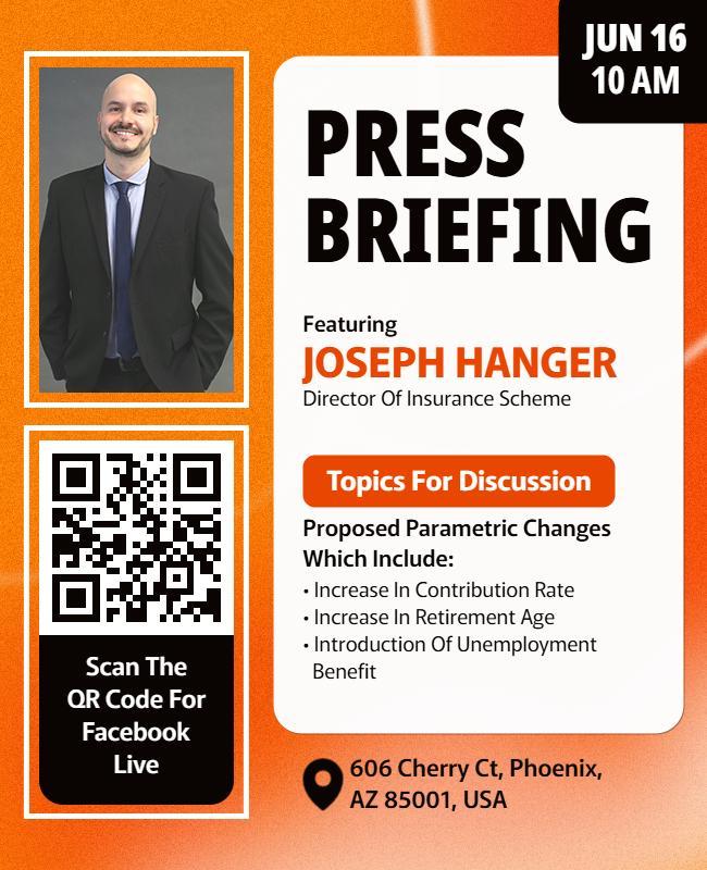 Dynamic Orange Press Briefing on Insurance Updates Poster Template