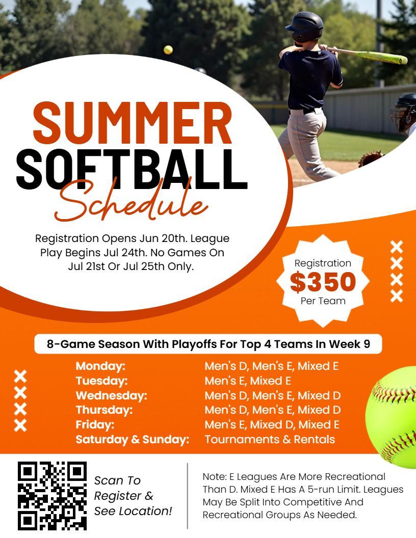 Dynamic Orange Summer Softball League Schedule Flyer Template