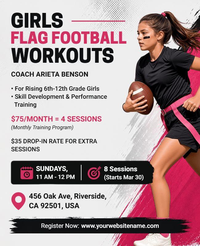 Dynamic Pink Girls Flag Football Training Flyer Template