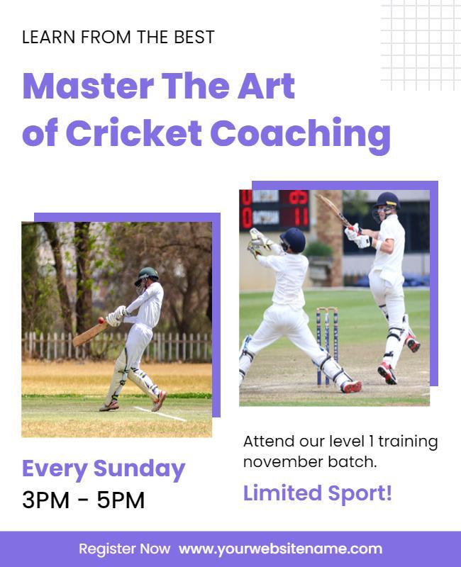 Dynamic Purple Cricket Coaching Training Session Poster Template