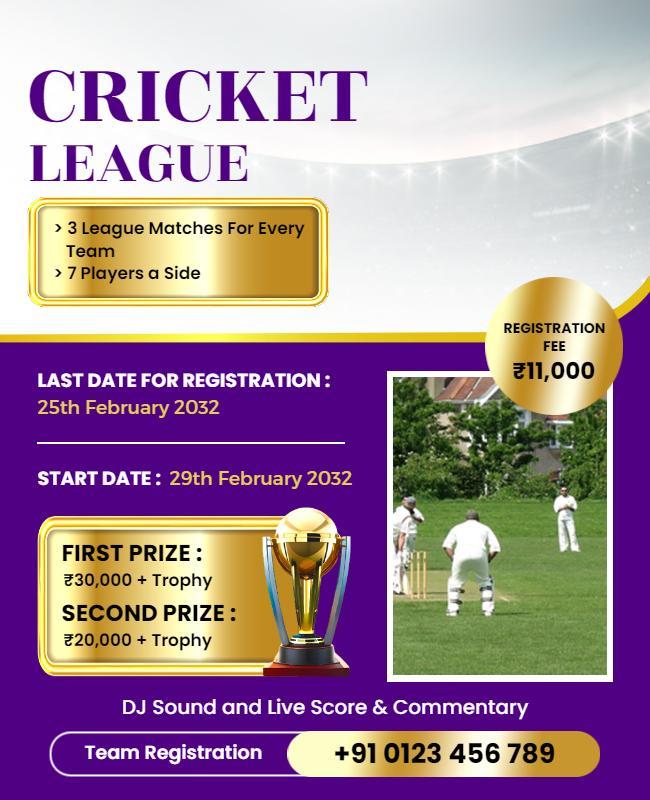 Dynamic Purple Cricket League Tournament Poster Template