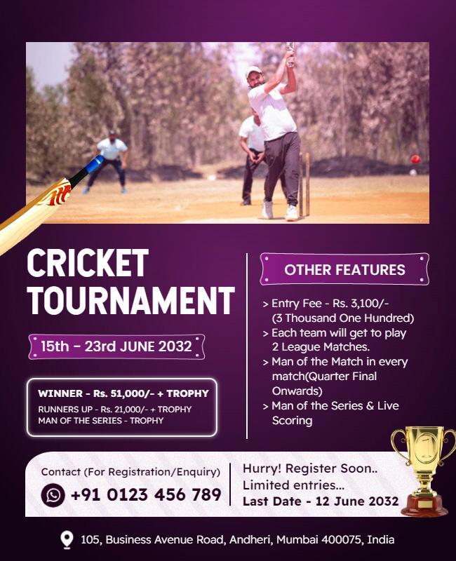 Dynamic Purple Cricket Tournament Event Poster Template