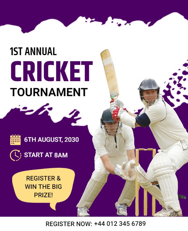 Dynamic Purple Cricket Tournament Registration Poster Template
