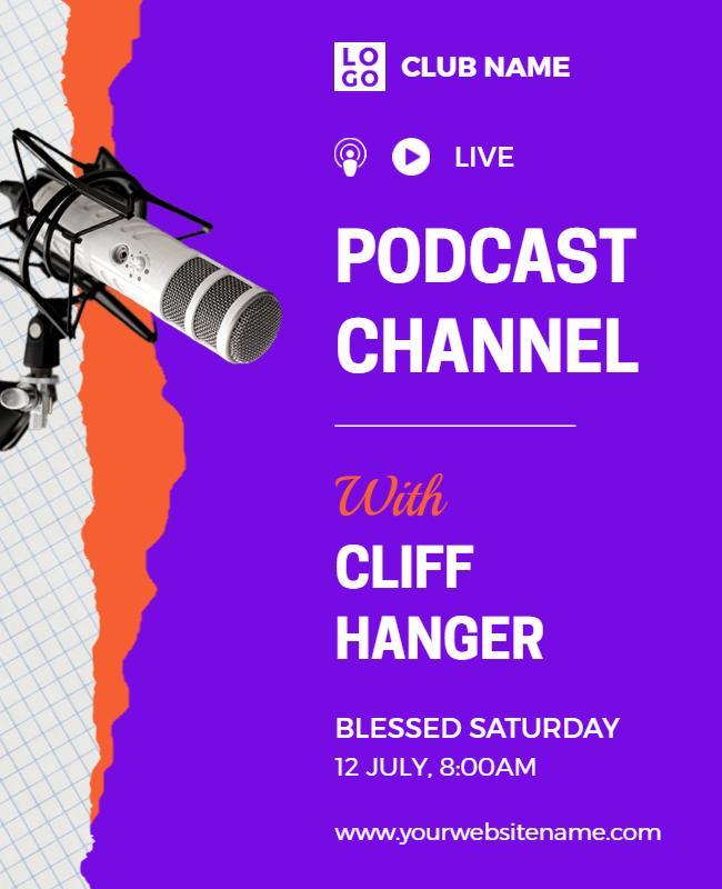 Dynamic Purple Live Podcast Channel Announcement Poster Template
