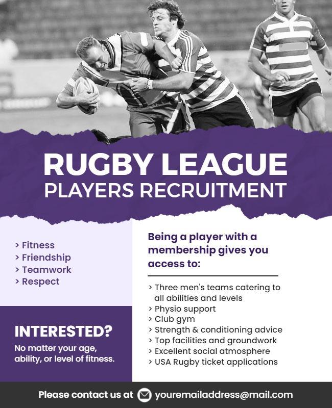 Dynamic Purple Rugby League Players Recruitment Poster Template