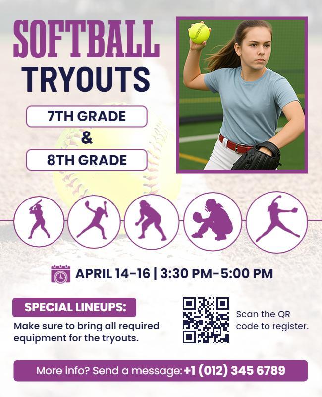 Dynamic Purple Softball Tryouts for Grades 7 and 8 Flyer Template