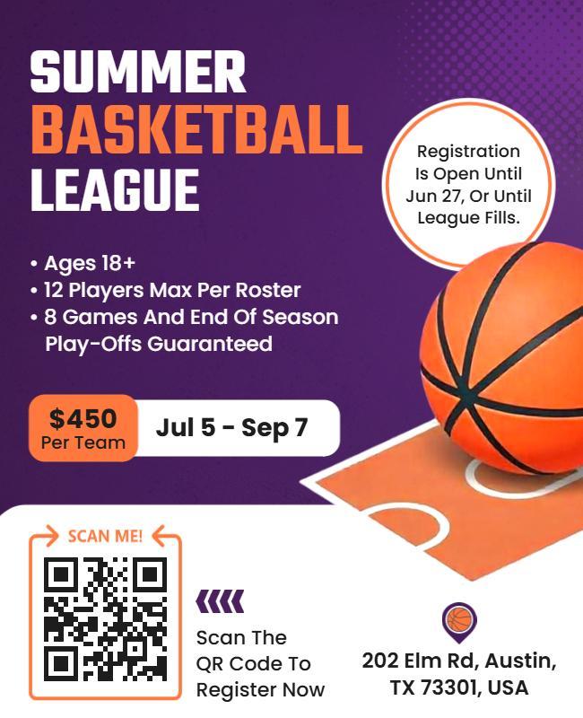 Dynamic Purple Summer Basketball League Registration Poster Template