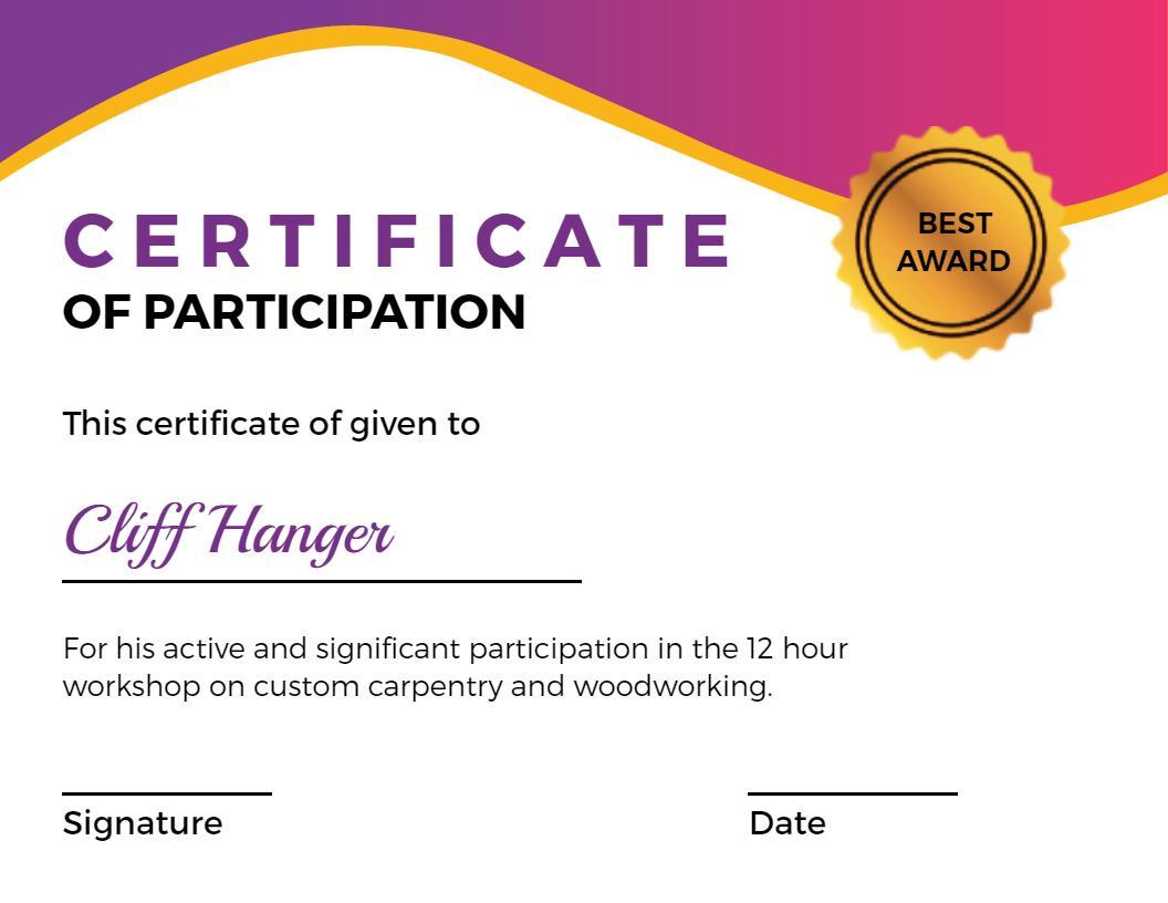 Dynamic Purple Wave Custom Carpentry Participation Certificate Template