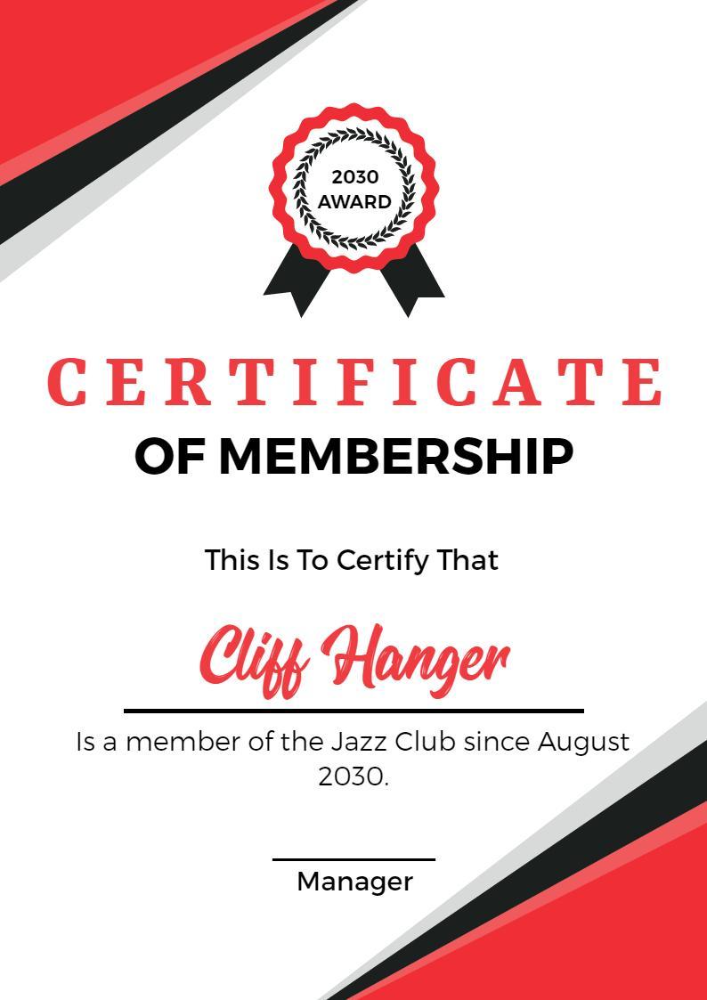 Dynamic Red and Black Jazz Club Membership Certificate Template