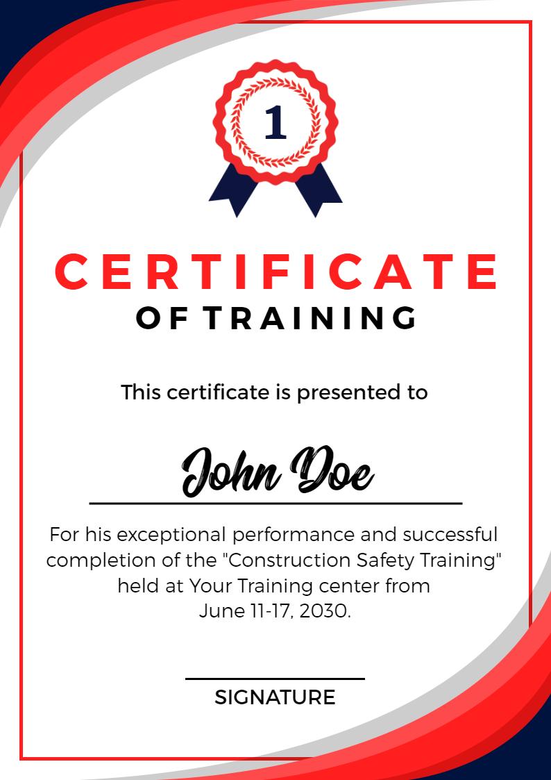 Dynamic Red and Blue Construction Safety Training Certificate Template