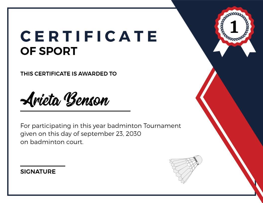 Dynamic Red and Navy Badminton Tournament Participation Certificate Template