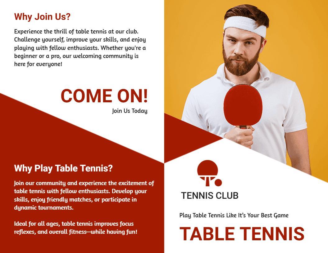 Dynamic Red and Yellow Table Tennis Club Membership Brochure Template