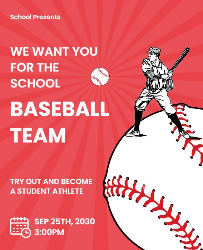 Dynamic Red Baseball Tryout Recruitment Poster Template