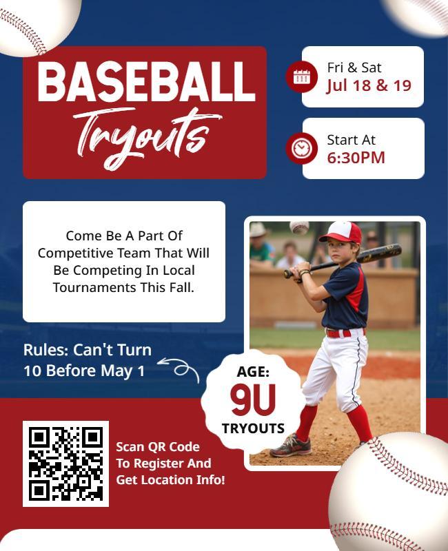 Dynamic Red Baseball Tryouts for Young Athletes Flyer Template