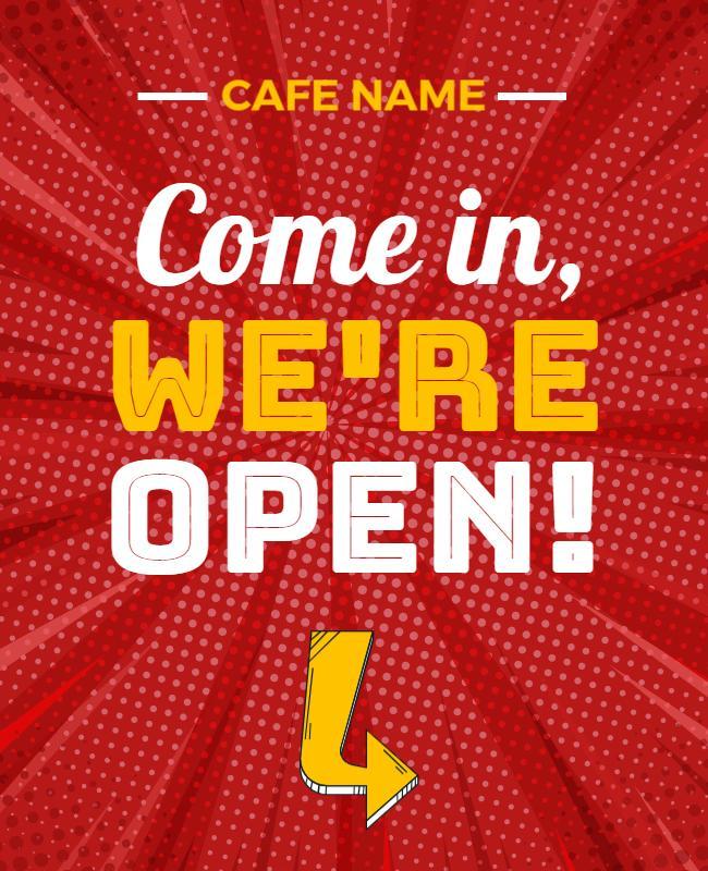 Dynamic Red Comic Style Cafe Open Announcement Poster Template