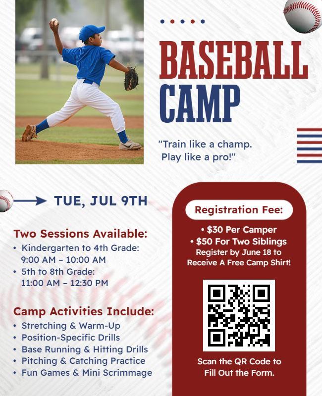 Dynamic Red Sports Baseball Training Camp Flyer Template