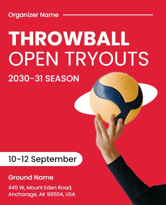 Dynamic Red Throwball Open Tryouts Announcement Poster Template