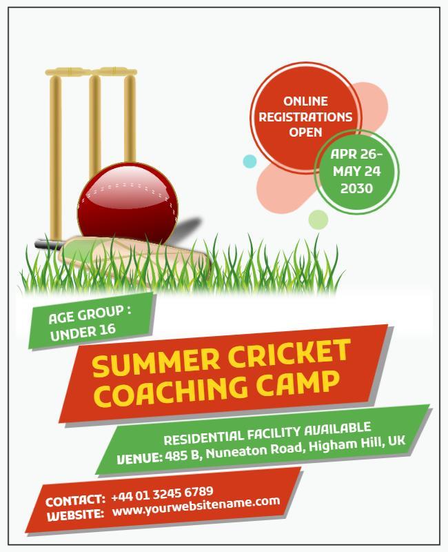 Dynamic Summer Cricket Coaching Camp for Under 16 Poster Template