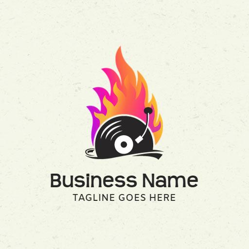 Dynamic Vinyl Record with Flames Representing DJ Culture Logo Template