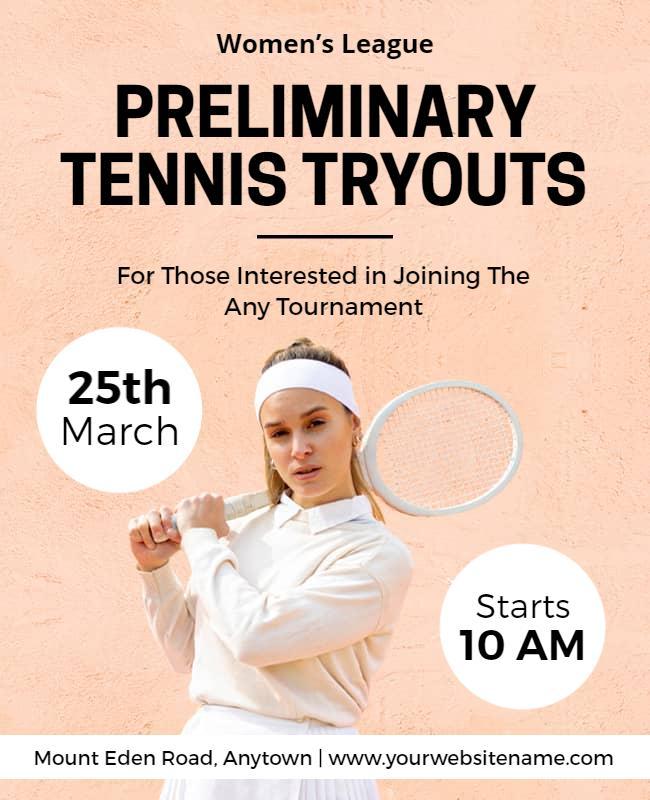 Dynamic White and Pink Women's League Tennis Tryouts Flyer Template