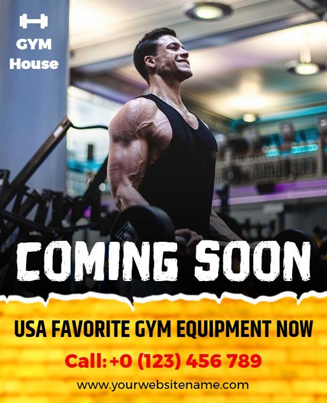 Dynamic Yellow Fitness Equipment Coming Soon Poster Template