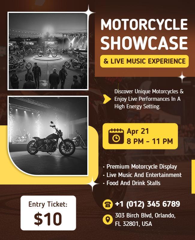 Dynamic Yellow Motorcycle Display and Concert Experience Flyer Template