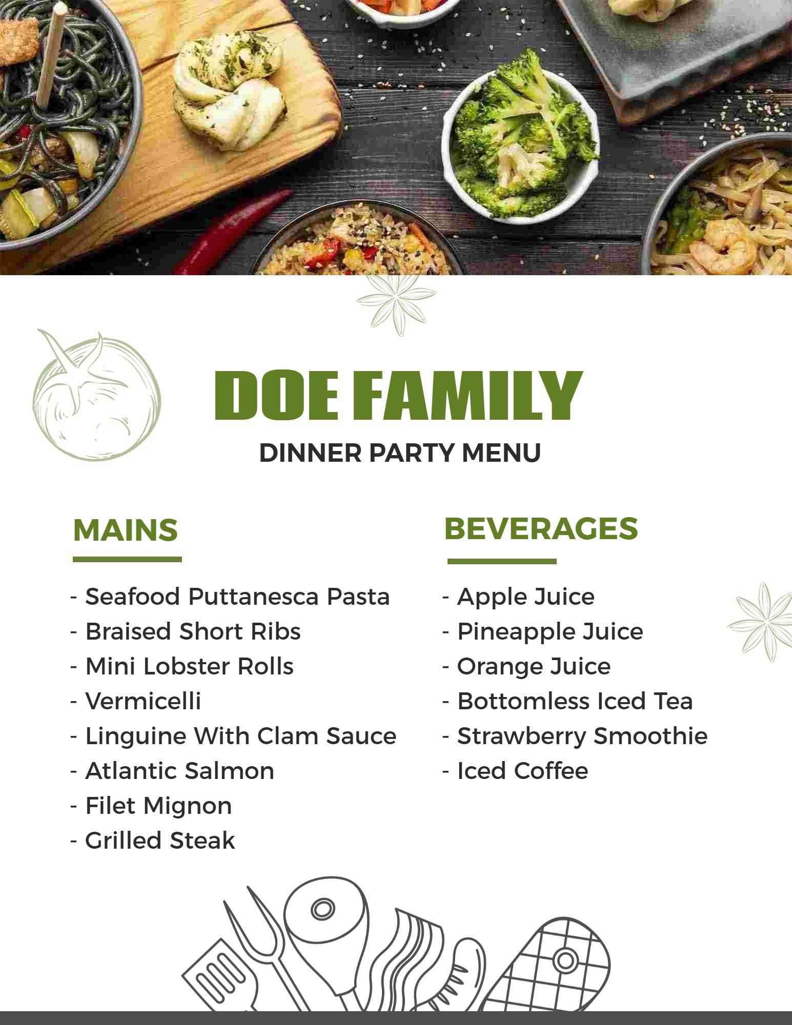 Earthy Green and White Family Dinner Party Menu Template