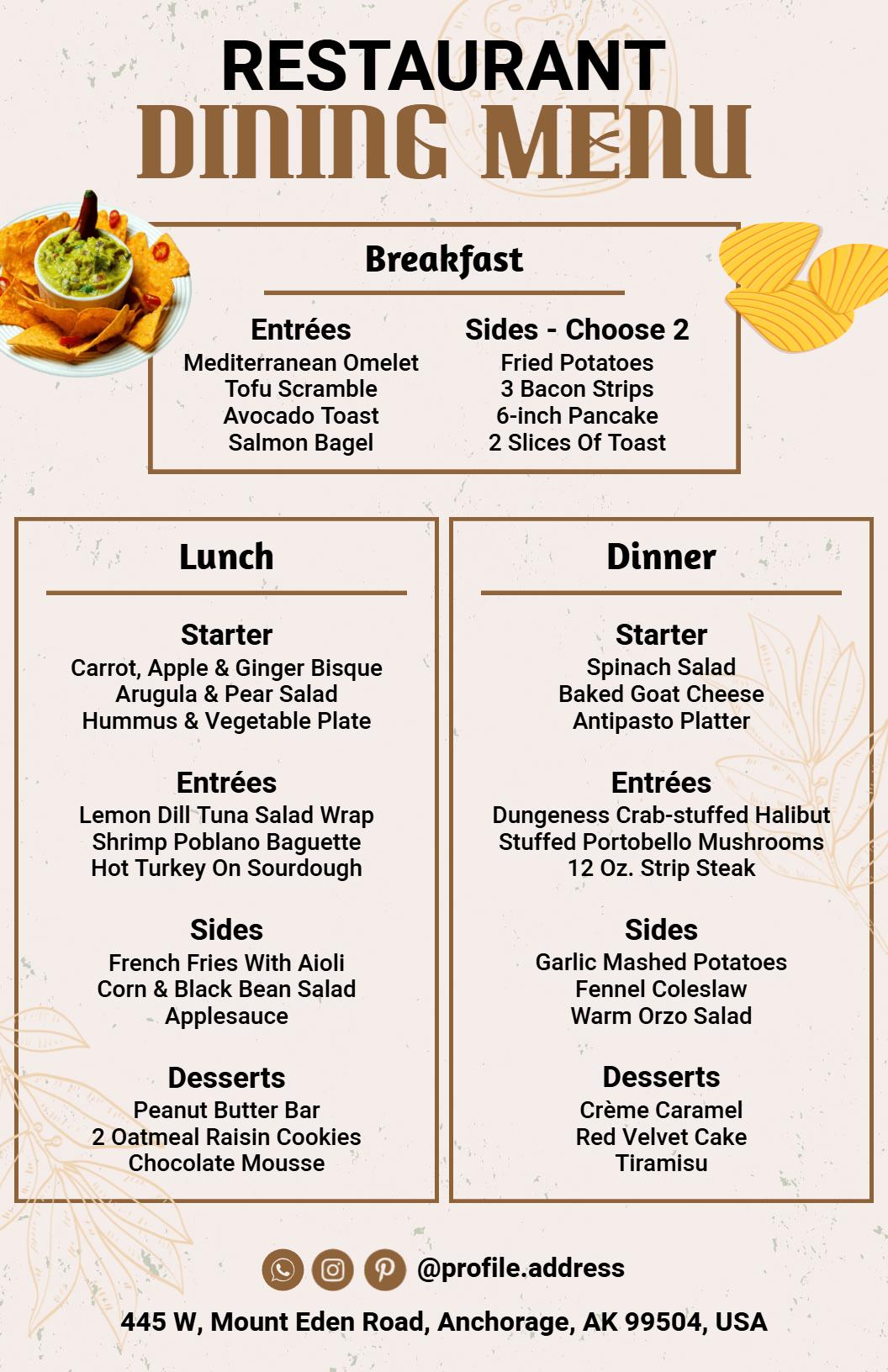 Eclectic Entrées and Gourmet Sides Featuring Tasty Dishes Restaurant Menu Template
